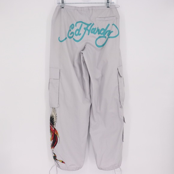 Ed Hardy Women's Cargo Pants Size S Light Grey Lightweight Baggy Drawstring - Picture 8 of 9
